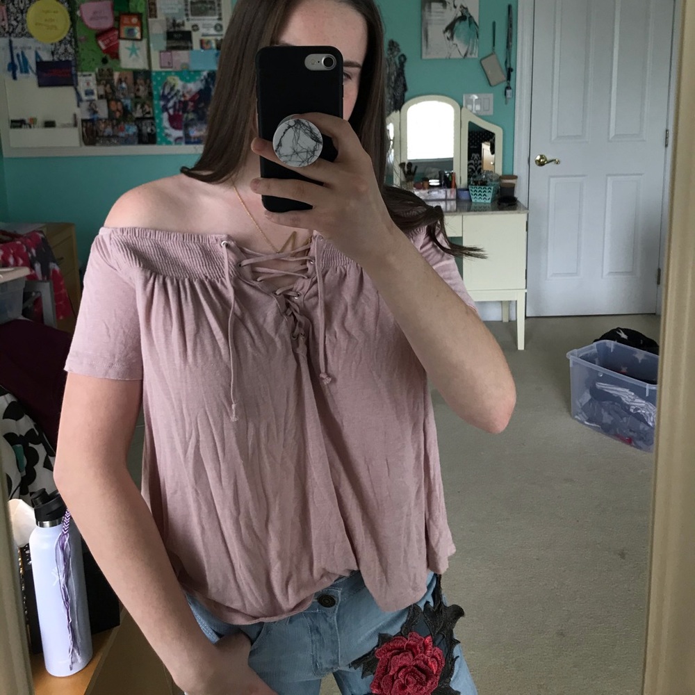 American Eagle pink off the shoulder lace up tee